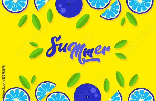 Orange background. Orange tangerine grapefruit lemon lime on a yellow background. Vector abstract illustration of summer fruits and citrus. Citrus icons and silhouettes. Original creative fruits