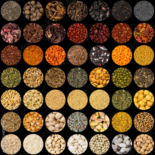 Collection of aromatic spices and condiments, collage background