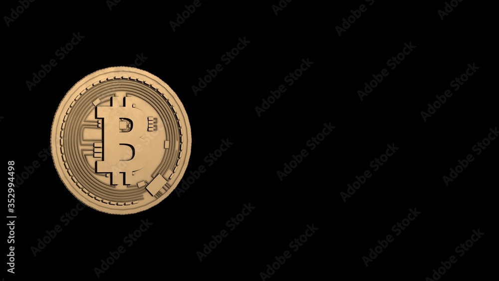 The front side of a gold bitcoin on a black background. The front side of a gold bitcoin on a black background.