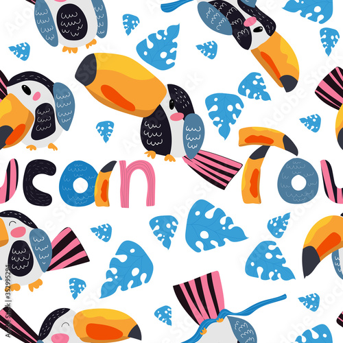 Vector seamless tropical pattern with cute animal character toucans, hand draw text toucan and leaves. Summer background great for fabric, wallpaper, textile, wrapping paper design ets.