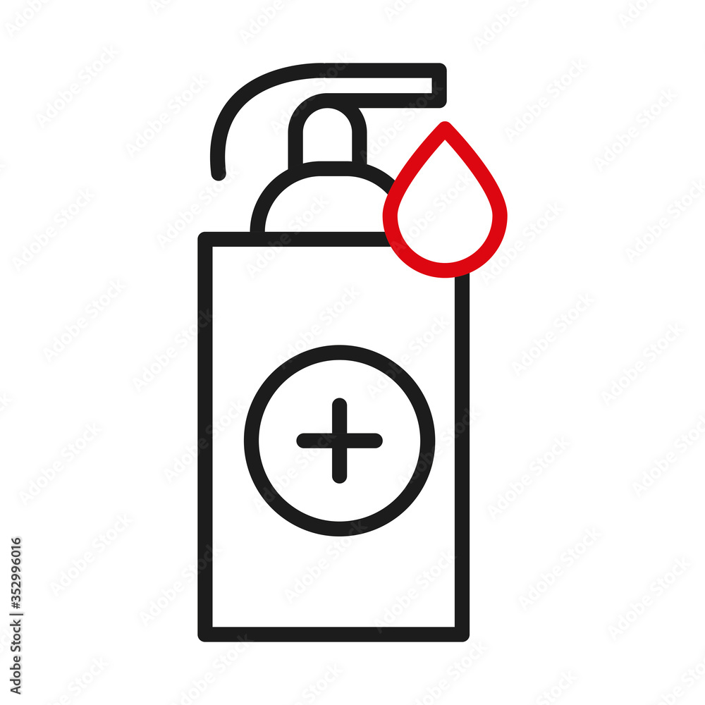 Soap dispenser and drop with cross line bicolor style icon vector design Soap dispenser and drop with cross line bicolor style icon vector design
