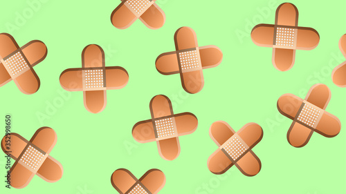 Endless seamless pattern of medical medical scientific objects of disinfecting beige adhesives for the treatment of wounds and cuts on a green background. Vector illustration