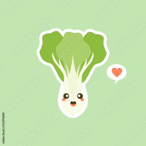 cute and kawaii bok choi, also pak-choi cabbage vector illustration in cartoon flat style isolated on color background. Chinese kale. bok choy character