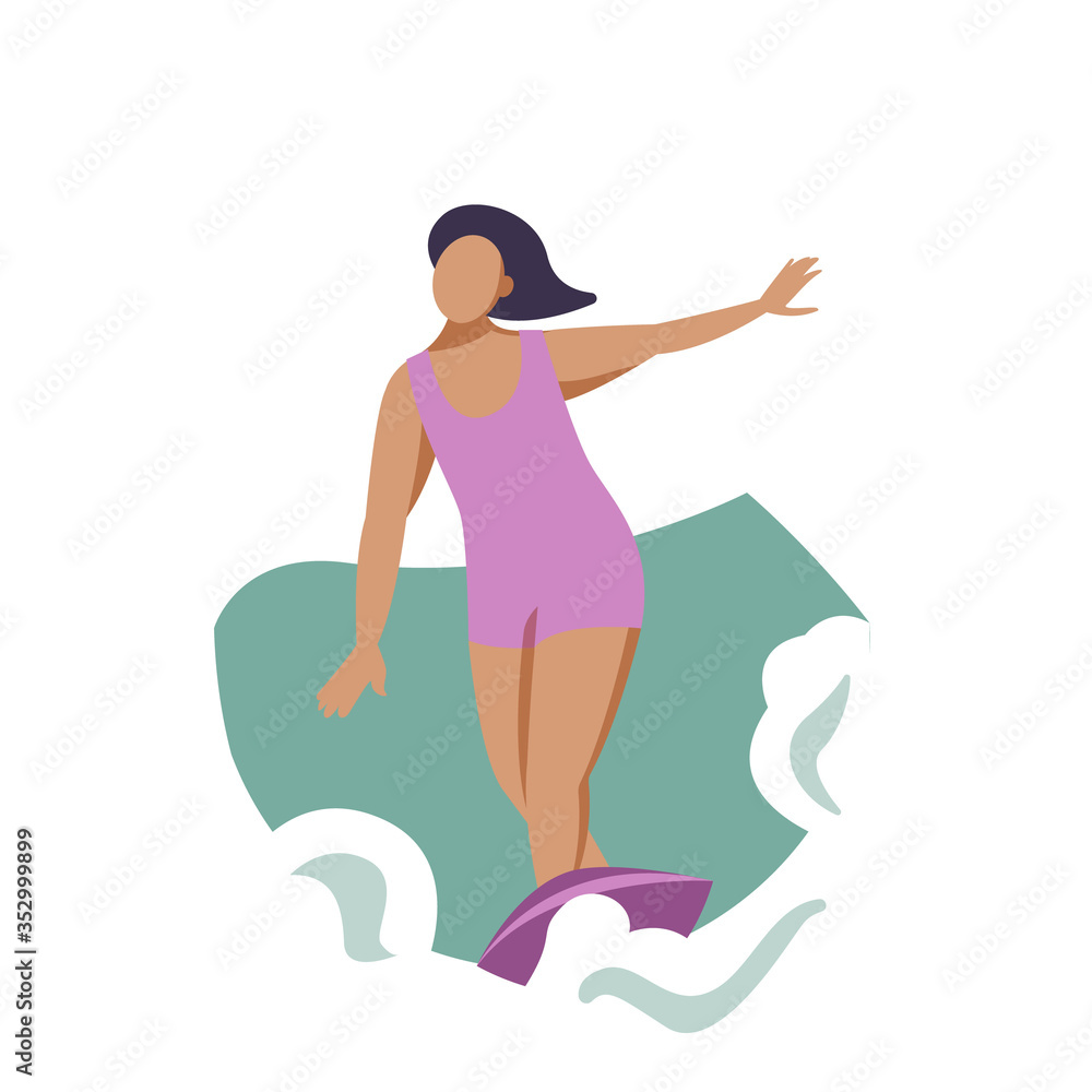 Vector summer illustration in modern trendy flat linear style - happy girl surfing - young character riding surf board