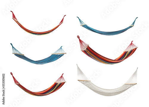 Set with different hammocks on white background