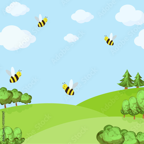 spring background with bees in the field and blue sky. vector illustration