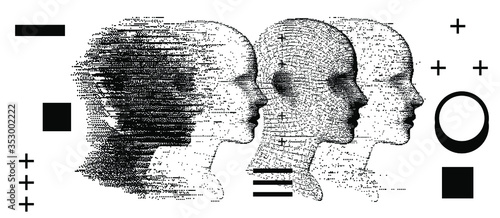 Alter ego concept, alternative self. Person and its doppelganger or twin, dissociative identity disorder.