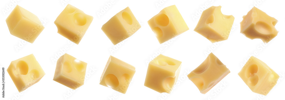 Set of delicious cheese cubes on white background. Banner design