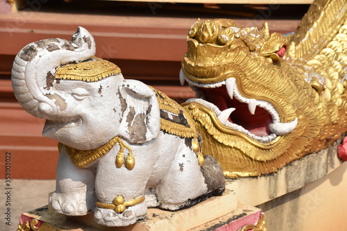 Golden Dragon and White Elephant Railing Sculptures, Wat Chang Kham, Chiang Mai