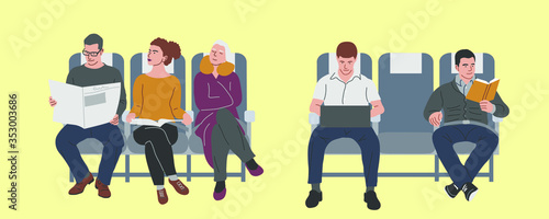 A group of passengers in the cabin. Flat vector illustration.