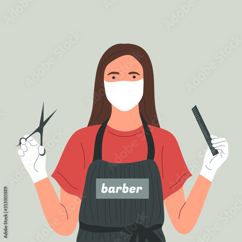 A Barber in a face mask and gloves with scissors and a comb in her hands. Prevention of coronavirus, covid-19, in beauty salons. Hair care at home.