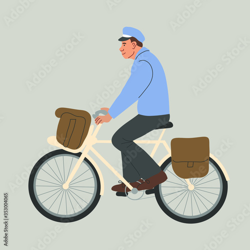Courier on a Bicycle. Delivery of goods and mail by eco-friendly transport. Vector flat illustration.