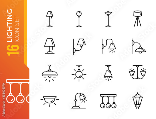 
Lightning icons set. Set of loft track spots, metal pendants, wall sconce, floor lamp, torchere, lightbox, back light, ceiling chandelier, street lights isolated vector icons