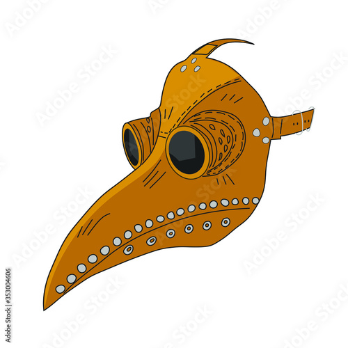 yellow leather medieval plague doctor mask with a bird's beak, vector illustration.