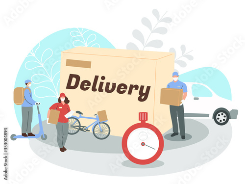 Couriers in masks. Delivery during the coronavirus quarantine, covid-19. Giant box and tiny people. Landing page for the courier service.