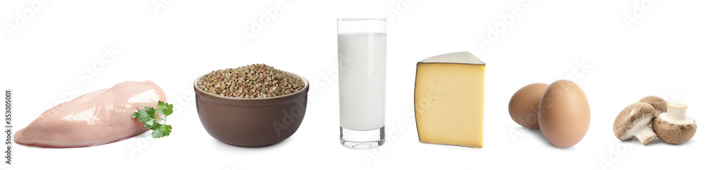 Set with food rich in protein on white background. Banner design Set with food rich in protein on white background. Banner design