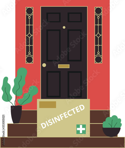 Contactless delivery during the quarantine. Prevention of coronavirus, covid-19. A box of disinfected goods at the customer's door.