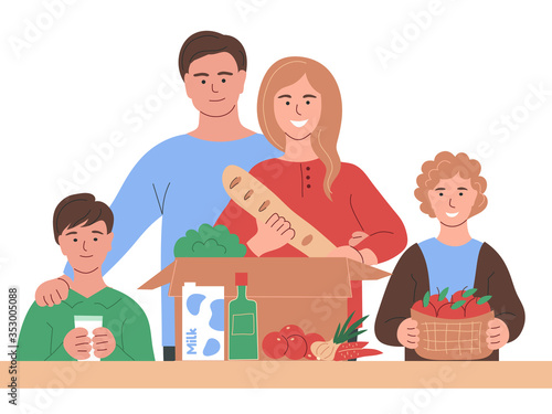 The happy family received a box with vegetables, milk, bread, fruit and opens it. Food delivery during the coronavirus epidemic, covid-19. Vector flat illustration.
