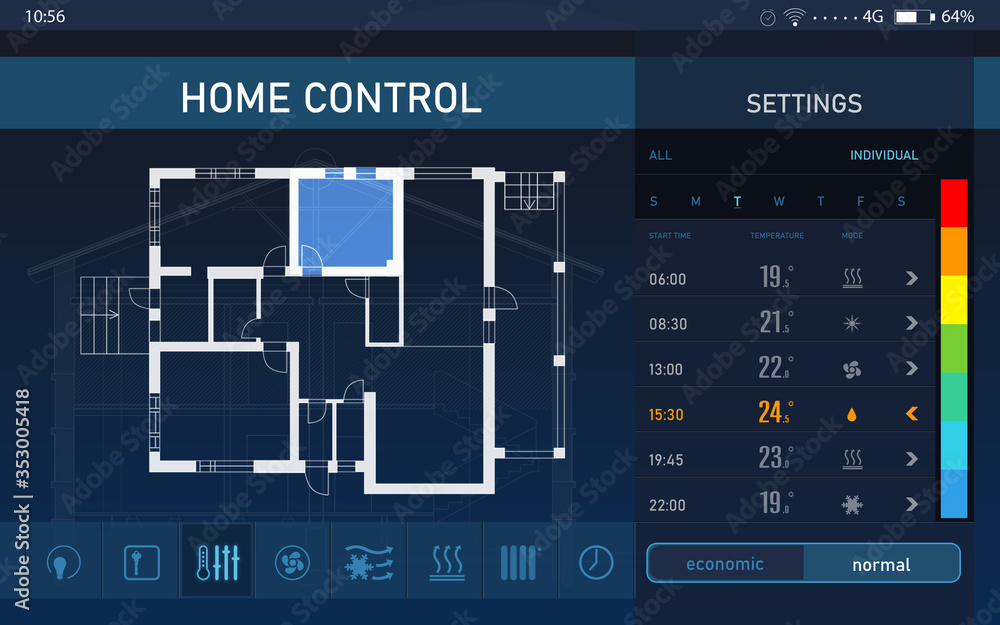 Fototapeta premium Energy efficiency home control system. Application displaying different settings and house plan