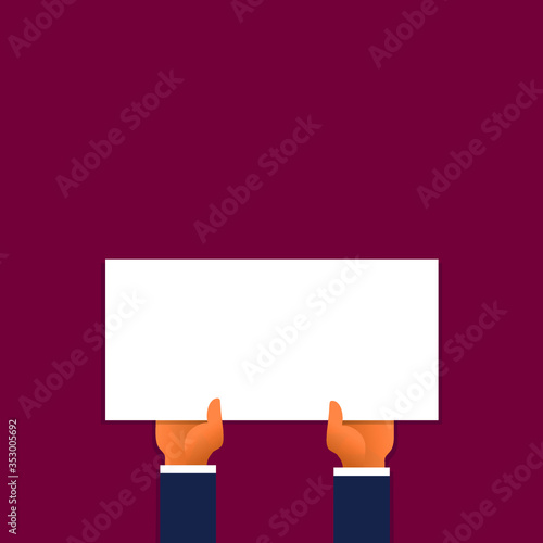 white poster for an ad in hand on a maroon background, vector illustration