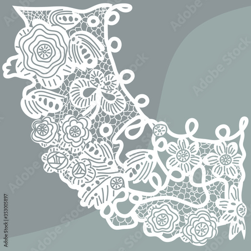 white crocheted lace with flowers and butterfly in a quarter circle for corner decoration on any background, vector illustration