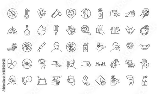 Medical care and covid 19 virus line style icon set vector design