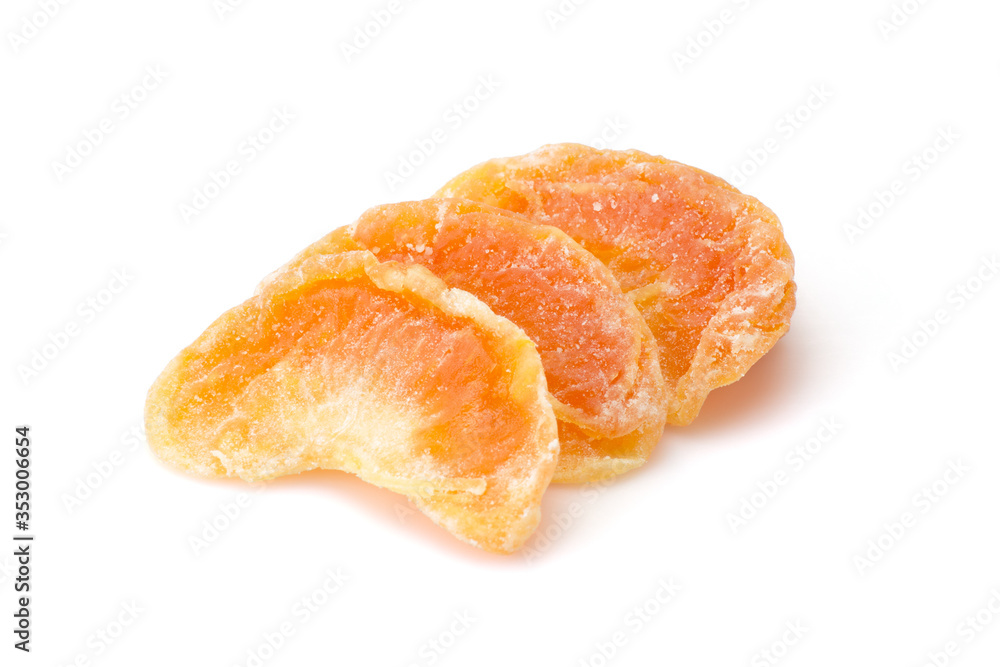 Organic healthy assorted, Oranges dried fruit isolated on a white background. Closeup Organic healthy assorted, Oranges dried fruit isolated on a white background. Closeup