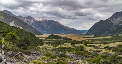 oraki / Mount Cook, New Zealand. Time lapse facing Mount Cook Village on a cloudy rainy day. Includes 2 versions - stationary, and digital zoom out using full resolution of the image. photo