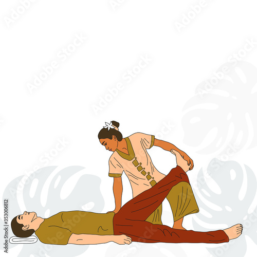 Thai woman doing Thai massage for a man. Spa in Thailand. Vector illustration. White background with tropical leaves.