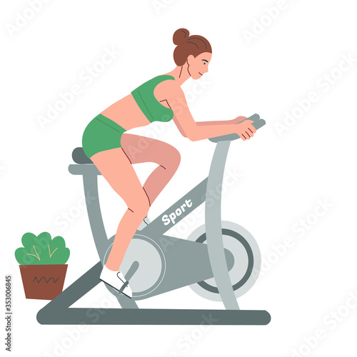 Sports at home. A girl trains on a stationary bike. Vector flat illustration on a white background.