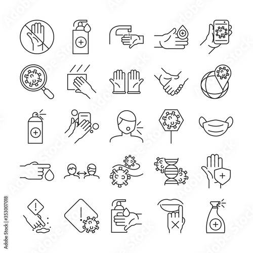 Medical care and covid 19 virus line style icon set vector design