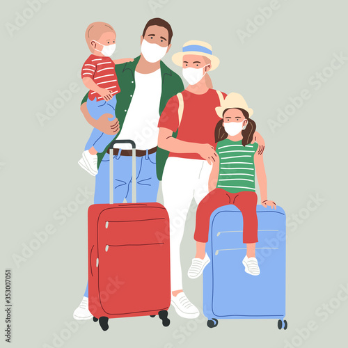 A family with suitcases in face masks. The lifting of the quarantine. The resumption of flights. Homecoming. Flat vector illustration.