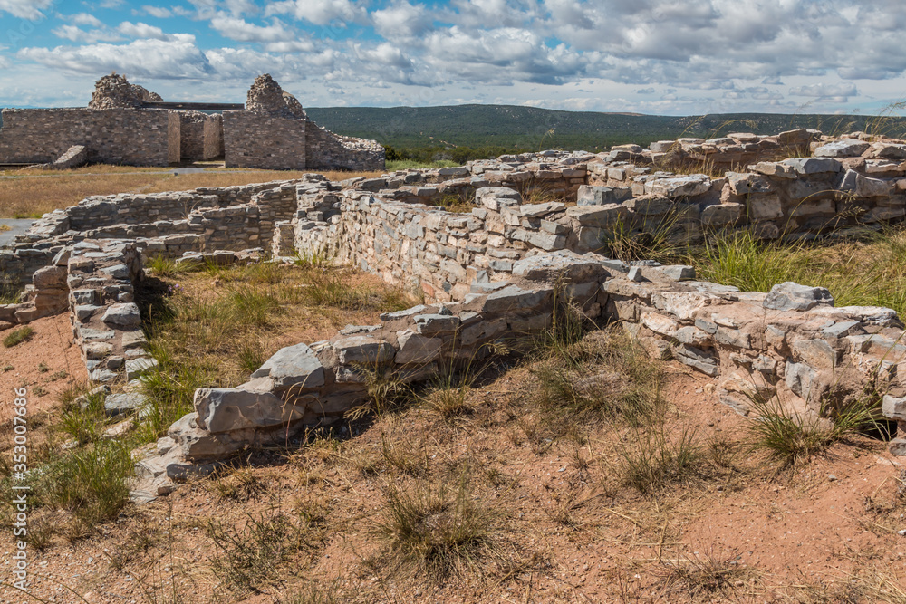 The Mission Ruins Of Latredo's Convento and San Buenaventura de Las Humanas In The Background, Gran Quivira, Salinas Pueblo Missions National Park, New Mexico, USA
