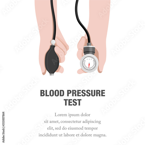Vector illustration of a person's hand holding a blood pressure gauge. Suitable for illustration of controlling blood pressure, and hypertension tests. Vector illustration blood pressure test kit.