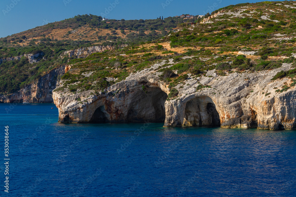 Scenic view of the caves on the coast of the Greek island of Zakynthos