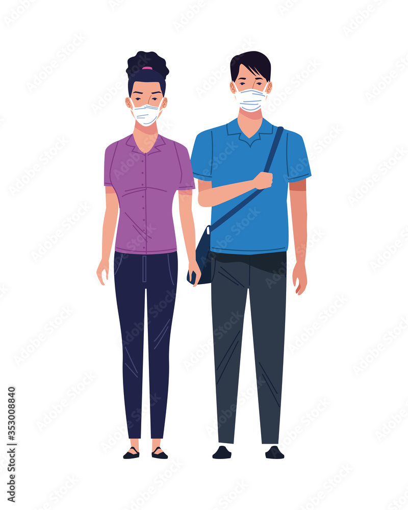 young couple using medical masks characters