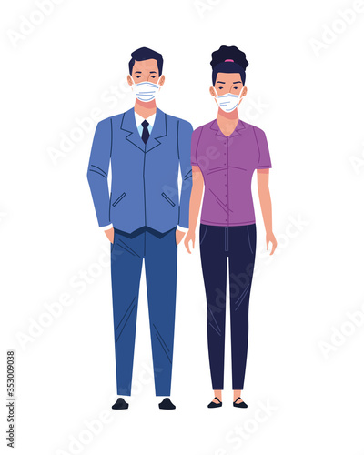 business couple using medical masks characters