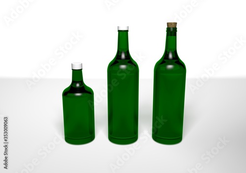 Mockup 3D render green wine bottles different sizes