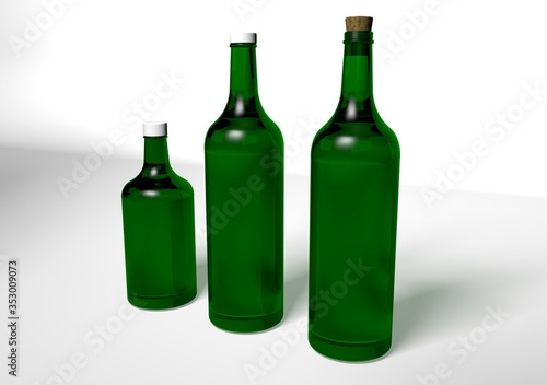 Mockup 3D render green wine bottles different sizes