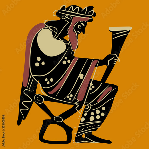 Isolated vector illustration. Sitting ancient Greek god Dionysus holding rhyton of wine. Vase painting style.
