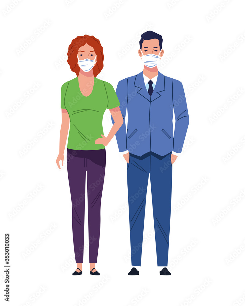 business couple using medical masks characters business couple using medical masks characters