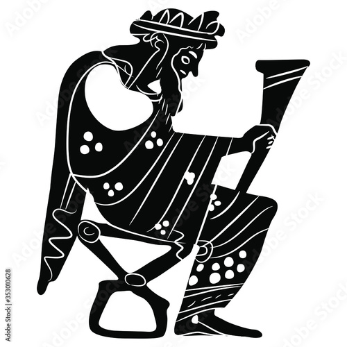 Isolated vector illustration. Sitting ancient Greek god Dionysus holding rhyton of wine. Vase painting style. Black and white silhouette.