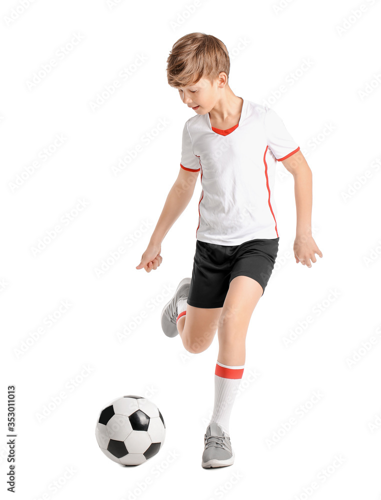 Cute little football player on white background
