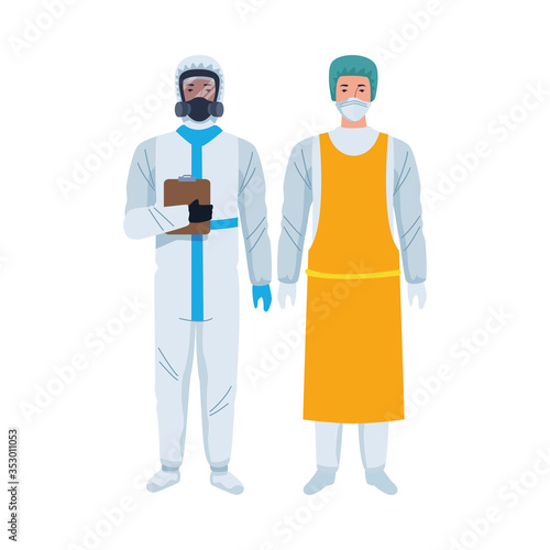 workers wearing biosafety suits characters
