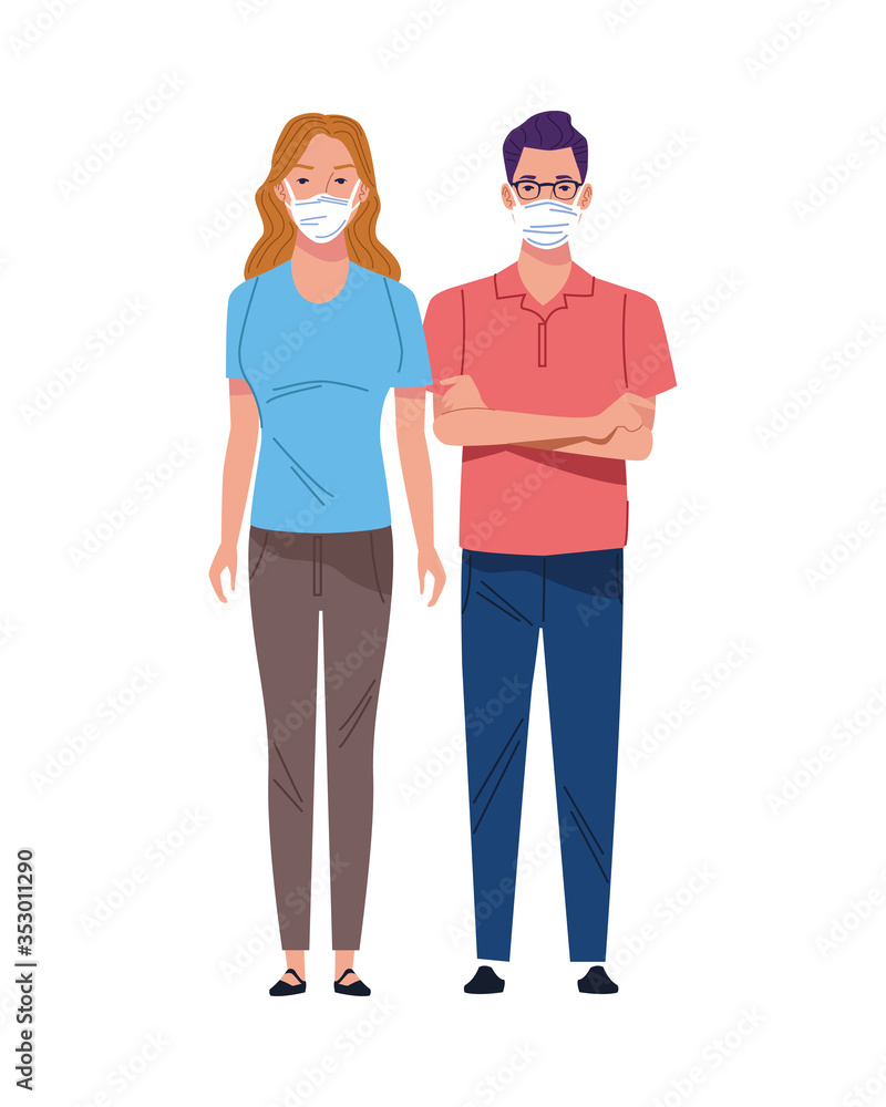young couple using medical masks characters young couple using medical masks characters