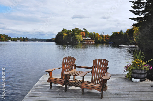 Two Muskoka chairs sitting on a wood dock facing a calm lake. Across the water is a cottage nestled among green trees.