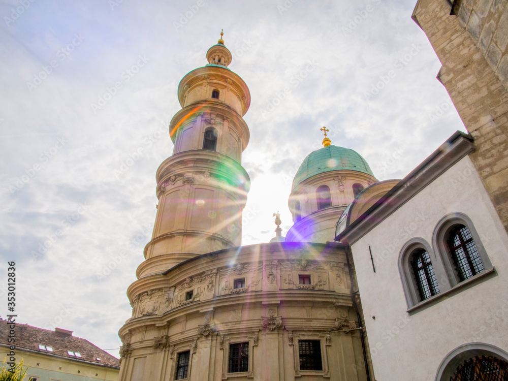 Obraz premium City scene in Graz Austria showing part of copper dome of the Mausoleum of Ferdinand II Archduke of Austria