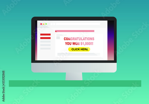 Cyber security concept flat vector. Phishing email containing "Congratulations. You have won $1000"