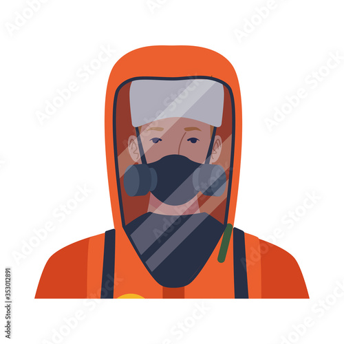 worker wearing biosafety suit orange