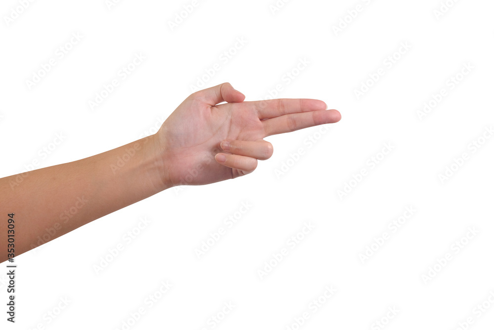 Woman hand pointing to the right with two fingers, showing gun gesture on white background Woman hand pointing to the right with two fingers, showing gun gesture on white background